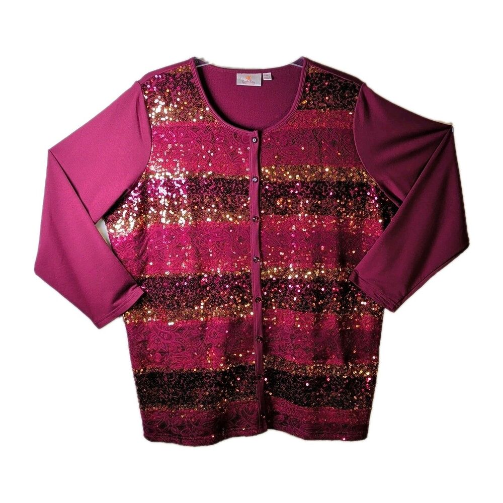 NWOT Quacker Factory Sequin Lace Womens - 2X - Burgundy French Terry Cardigan